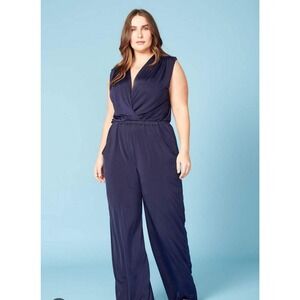 Ripley Rader Navy Blue Classic Sleeveless V neck Wide Leg Jumpsuit Size large